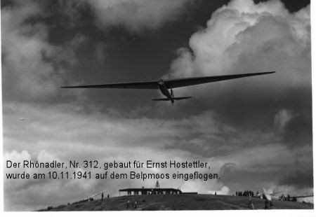 Der Rhönadler Nr. 312, gebaut für Ernst Hostettler, wurde am 10.11.1941 auf dem Belpmoos eingeflogen.